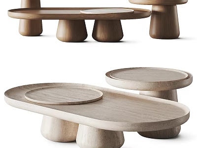 Minimalist Wooden Coffee Tables With Oval Round Tabletops And Cylindrical Legs 3d model