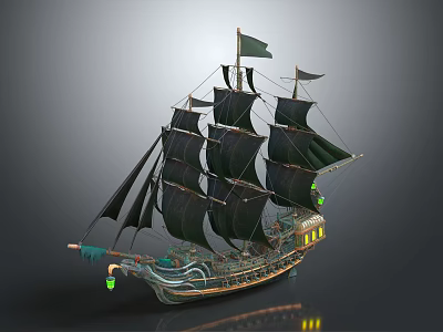 Vintage Wooden Ship With Black Sails Green Lanterns And Ornate Hull Design 3d model