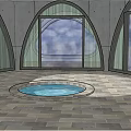 Concrete Building Interior Space With Circular Skylight Arched Windows And Stone Floor 3d model