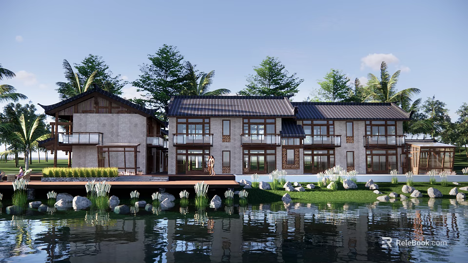 Modern Lakeside Homestay Building With Wooden Roof And Large Windows Surrounded By Trees 3d model 