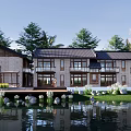 Modern Lakeside Homestay Building With Wooden Roof And Large Windows Surrounded By Trees