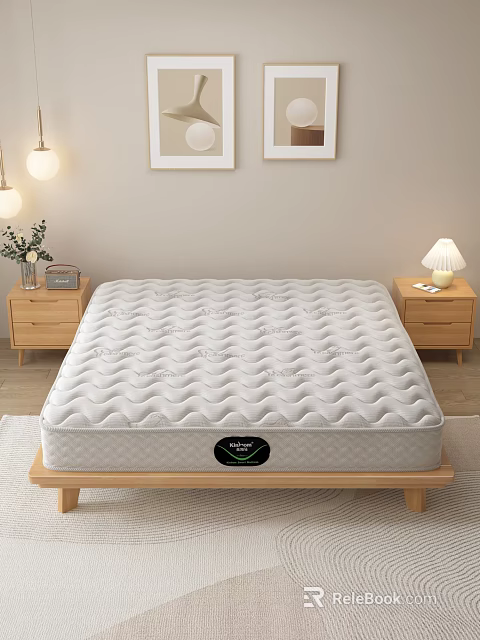 Cozy Mattress On Wooden Bed Frame With Nightstands Table Lamp And Wall Paintings 3d model 