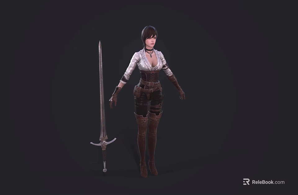Game Movie Female Character Holding Long Sword In Leather Outfit With Fitted Waist And Boots 3d model 