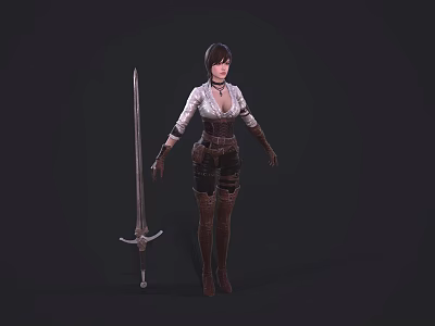 Game Movie Female Character Holding Long Sword In Leather Outfit With Fitted Waist And Boots 3d model