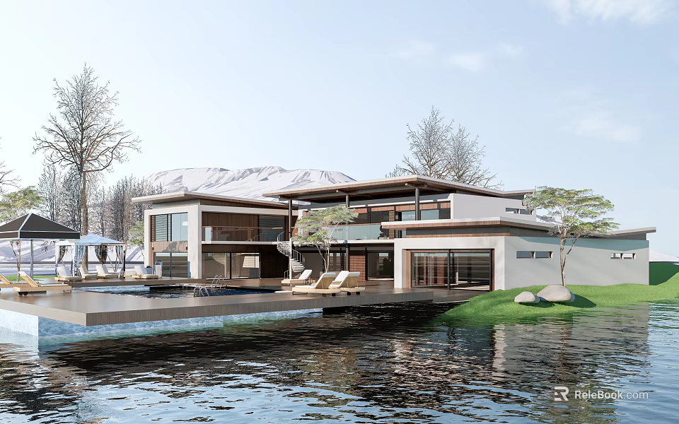 Modern Waterfront Villa With Swimming Pool Glass Windows And Mountain View Surrounding Trees 3d model 