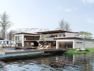 Modern Waterfront Villa With Swimming Pool Glass Windows And Mountain View Surrounding Trees 3d model