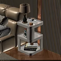 Modern White Bedside Table With Layered Design Lamp Coffee Cup Radio And Books