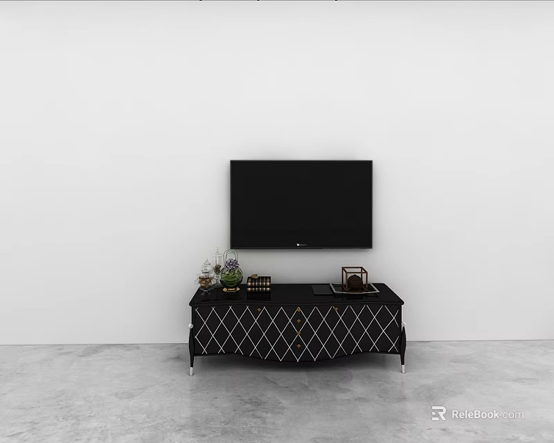Modern Black TV Stand With Geometric Pattern Metal Legs And Decorative Items Under TV 3d model 