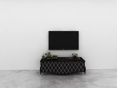 Modern Black TV Stand With Geometric Pattern Metal Legs And Decorative Items Under TV 3d model