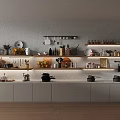 Kitchen Utensils Pots And Spice Jars On Open Shelves With White Cabinets