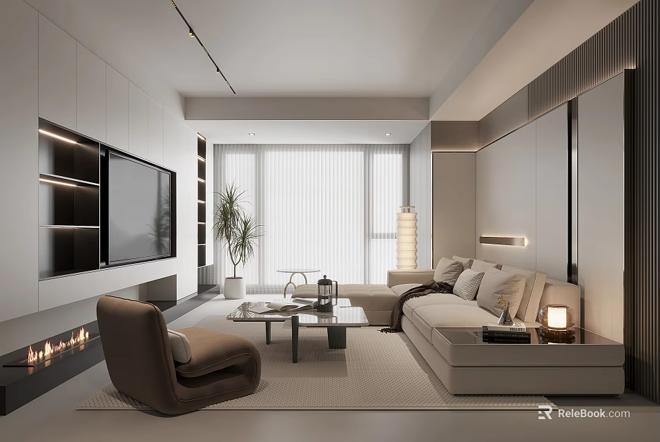 Modern Elegant Living Room Interior With Light Sofa TV Wall Coffee Table And Green Plant 3d model 