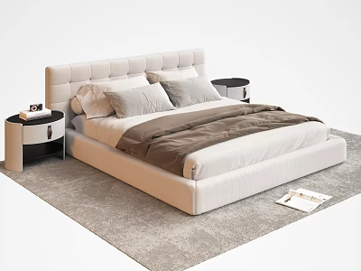 Light Upholstered Double Bed With Gray Pillows Brown Blanket And Nightstands On Gray Rug 3d model