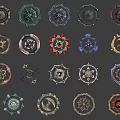 Various Circular Weapons With Intricate Decorative Patterns And Colorful Details 3d model