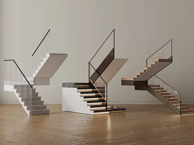Modern Stairs Design With Glass Railings And Wooden Steps In Interior Space 3d model