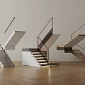 Modern Stairs Design With Glass Railings And Wooden Steps In Interior Space
