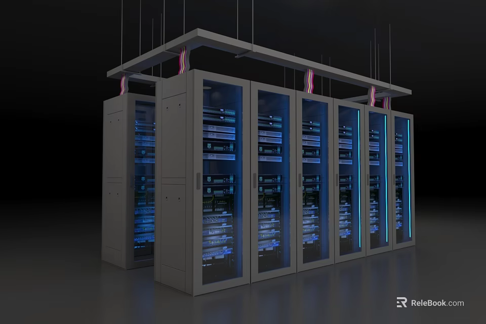Data Center Server Racks With Blue Lighting And Metal Frames Arrangement 3d model 