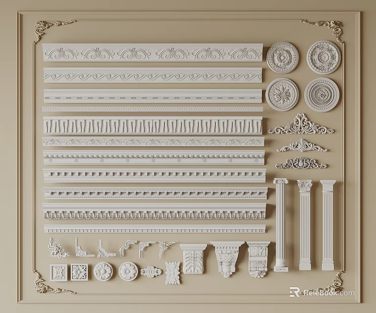 Various Decorative Gypsum Cornice Molding Styles With Rosettes Pillars And Carvings For Interior Design 3d model 