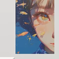Vibrant Character Portrait Painting With Girl's Eye Goldfish And Stars On Blue Background