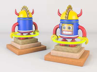 Two Robots With Blue Body Yellow Helmet Red Arms Holding Hula Hoops On Brown Bases 3d model