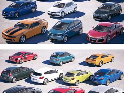 Multiple Cars in Various Colors and Different Models Arranged for 3d model