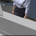 Modern Reception Desk With Curved Design Blue Wall Welcome Sign Computer Potted Plant And Receptionist