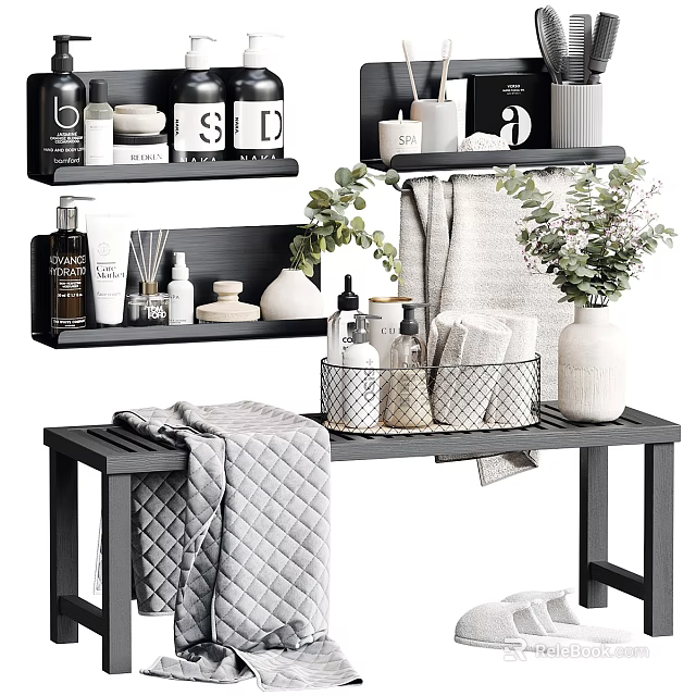 Laundry Daily Essentials Display with Shelves Towels Washing Supplies Storage Baskets and Plants 3d model 