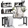 Laundry Daily Essentials Display with Shelves Towels Washing Supplies Storage Baskets and Plants