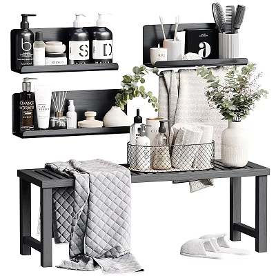 Laundry Daily Essentials Display with Shelves Towels Washing Supplies Storage Baskets and Plants 3d model