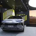 Modern Showroom Interior With Gray Car Yellow Striped Background Black Seats And Lighting
