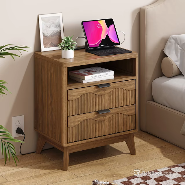 Wooden Bedside Table With Two Wavy Drawers Laptop Potted Plant And Picture Frame 3d model 
