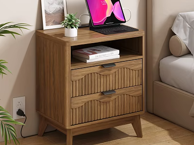 Wooden Bedside Table With Two Wavy Drawers Laptop Potted Plant And Picture Frame 3d model