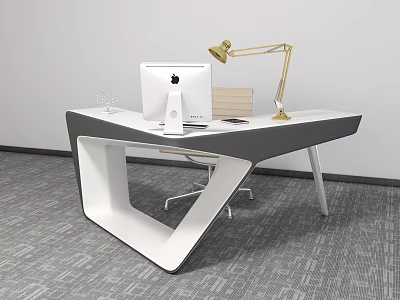 Modern Geometric Office Desk With White iMac Gold Desk Lamp Books And Decorative Object 3d model