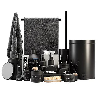 Modern Bathroom Accessories with Towel Rack Towels Bottles Trash Can Brush And Diffuser 3d model