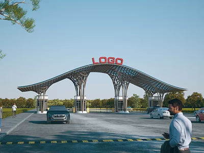 Modern Arched Entrance Gate With LOGO Sign Vehicles Passing By And Green Trees Around 3d model