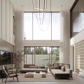 Modern Living Dining Room Interior Design With High Ceiling Chandelier And Light Sofa TV Wall