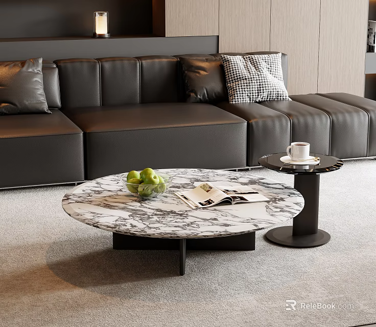 Round Marble Coffee Table with Green Apples Magazines and Side Table in Modern Living Room 3d model 