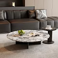 Round Marble Coffee Table with Green Apples Magazines and Side Table in Modern Living Room