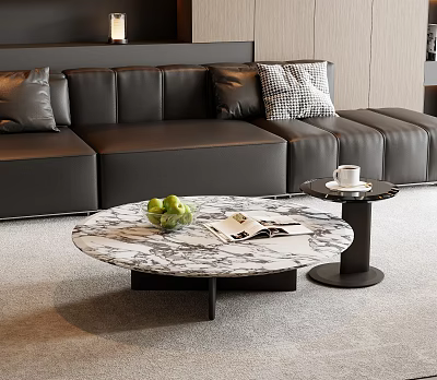 Round Marble Coffee Table with Green Apples Magazines and Side Table in Modern Living Room 3d model