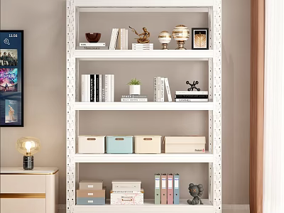 White Storage Shelf With Books Decorative Items And Storage Boxes In Room 3d model