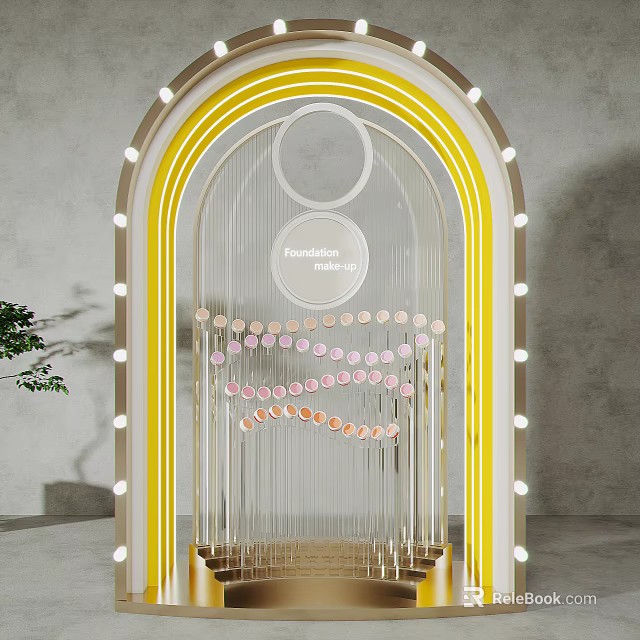 Eye Catching Window Display Decoration With Arched Yellow Neon Lights And Colorful Circular Pendants 3d model 