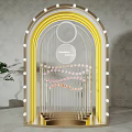 Eye Catching Window Display Decoration With Arched Yellow Neon Lights And Colorful Circular Pendants