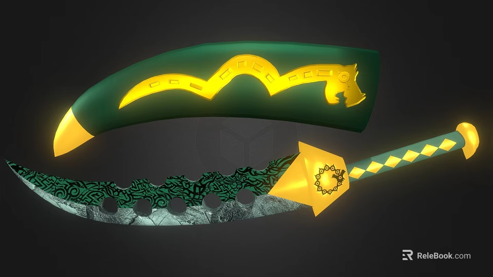 Decorative Green And Gold Curved Ornament With Snake Pattern And Intricate Handle Design 3d model 