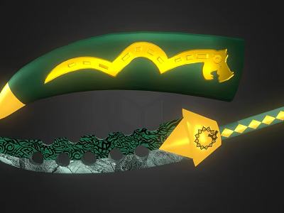 Decorative Green And Gold Curved Ornament With Snake Pattern And Intricate Handle Design 3d model