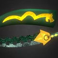 Decorative Green And Gold Curved Ornament With Snake Pattern And Intricate Handle Design