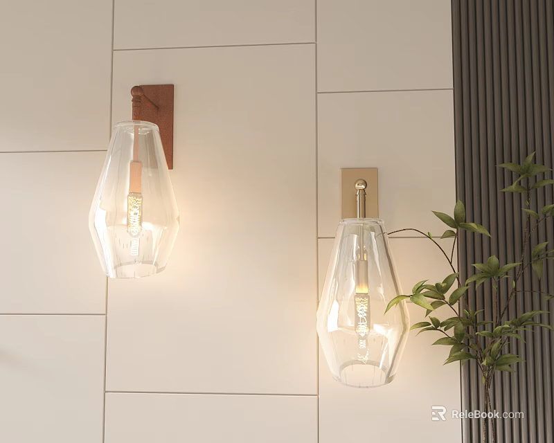 Modern Wall Sconces With Clear Glass Shade And Metal Base Mounted On White Tile Wall 3d model 