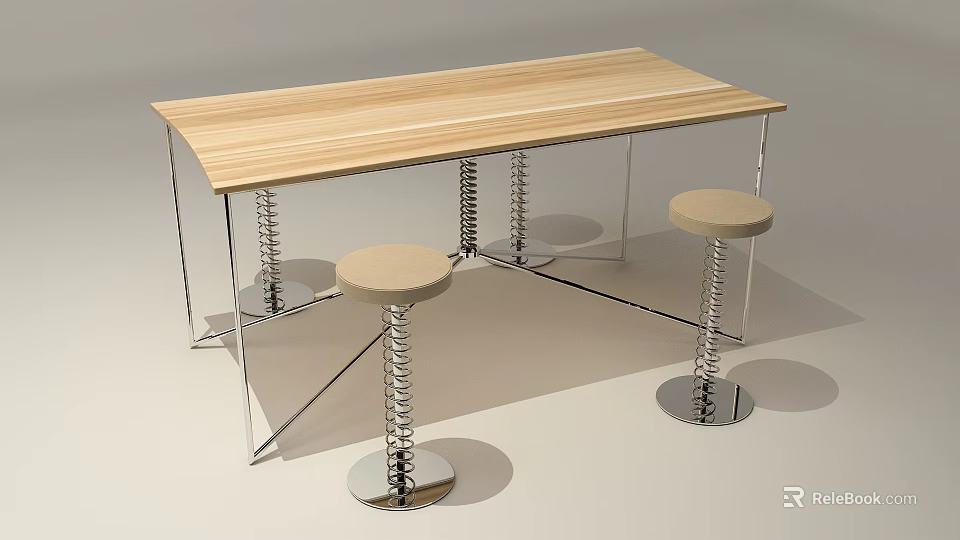 Metal Frame Table with Wooden Tabletop and Round Spring Stools Set 3d model