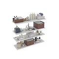 Organized Laundry And Daily Essentials On White Shelves With Storage Boxes Towels And Toiletries
