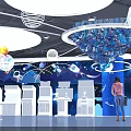 Space Theme Scene With Blue Silver Tower Structures Stars UFO Astronaut And Starry Background