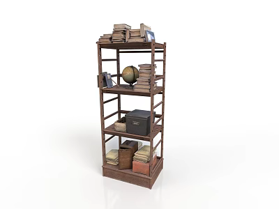 Multi Tiered Brown Wooden Bookshelf With Stacked Books Globe And Storage Boxes 3d model