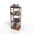 Multi Tiered Brown Wooden Bookshelf With Stacked Books Globe And Storage Boxes